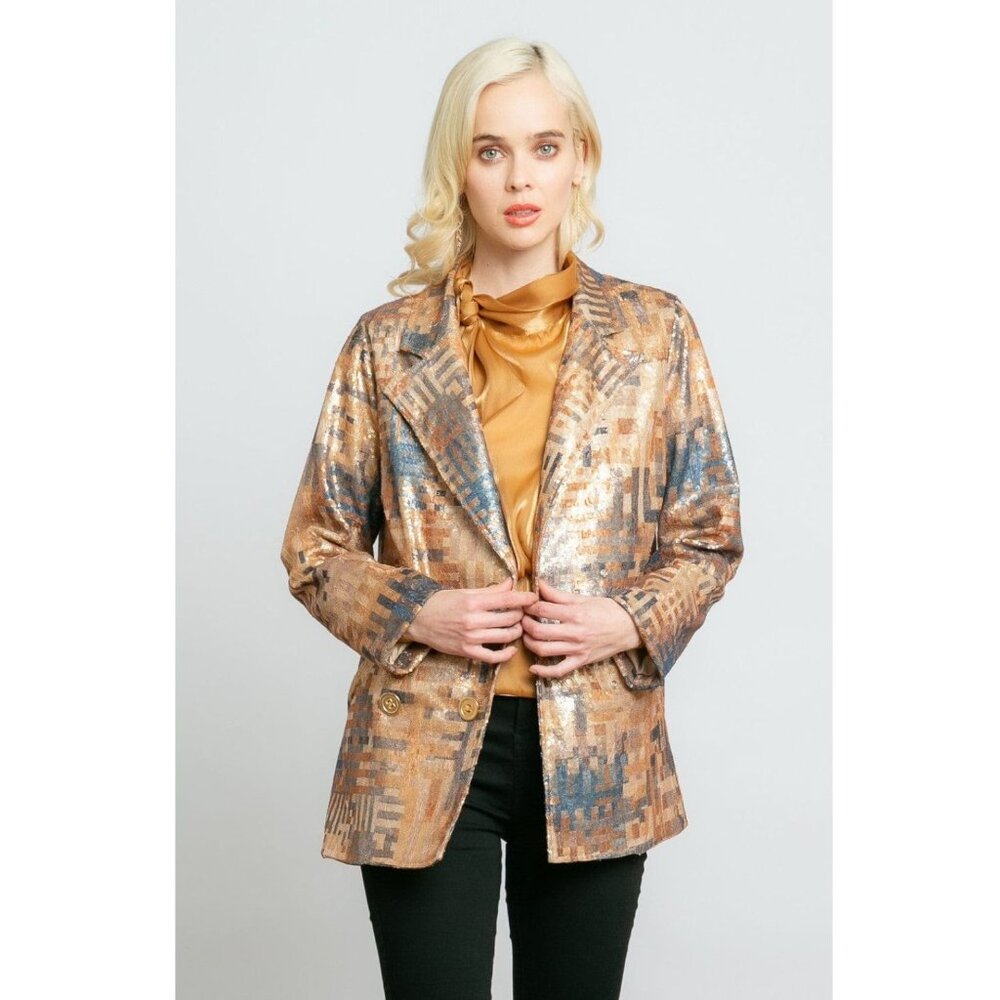 Eva Franco Shimmery Golden Double Breasted Jacket with Pockets NWT